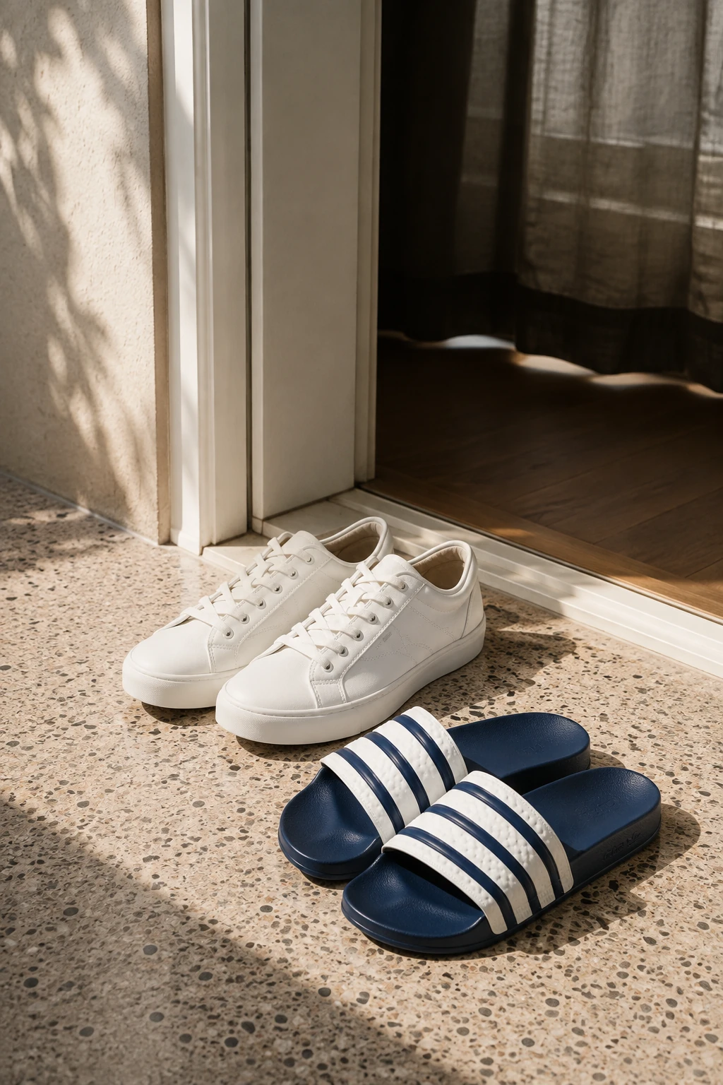 Dincox E18 trắng và adidas Adilette G16220 xanh navy trắng cạnh cửa