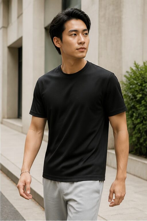 áo thun đen, quần short xám, giày trắng