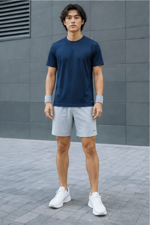 áo thun xanh navy, quần short xám, tất tay xám, giày trắng