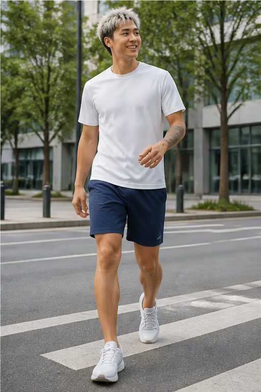 áo thun trắng, quần short xanh navy, giày trắng