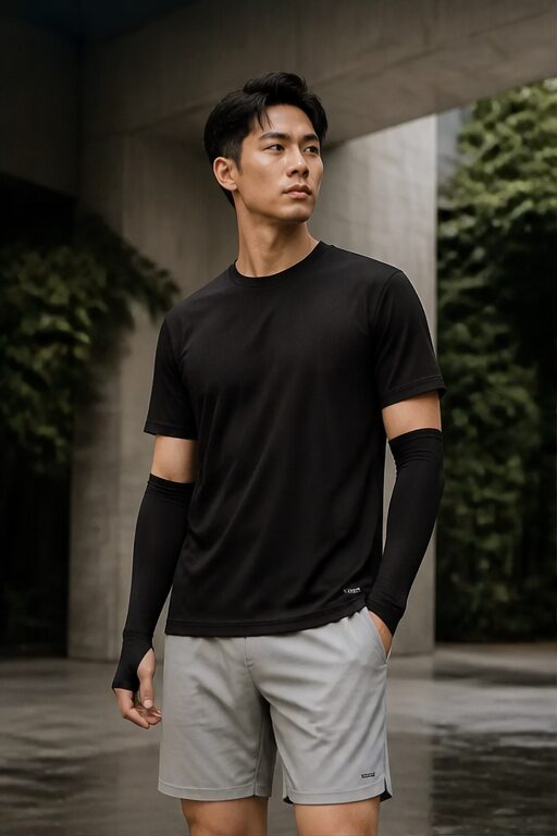 áo thun đen, quần short xám, tất trắng, giày trắng, bao tay đen.