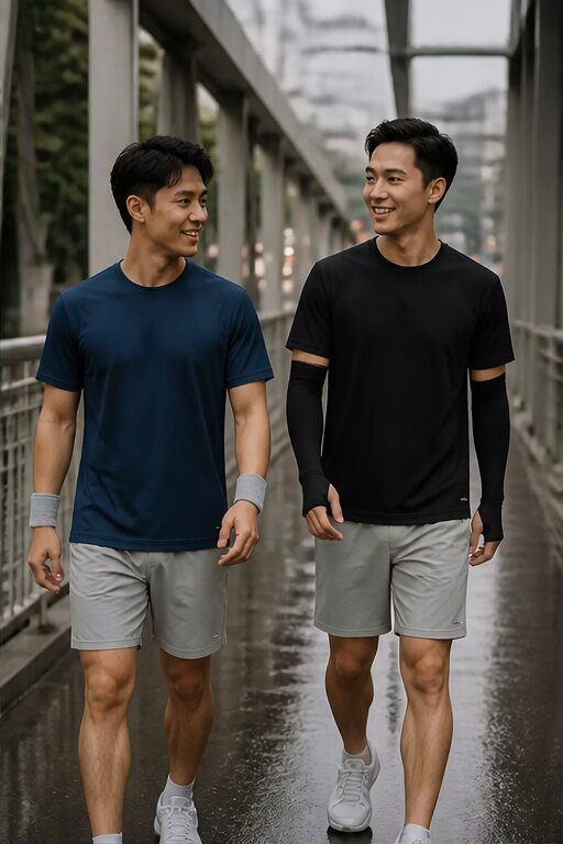 áo thun xanh navy, quần short xám, tất trắng, giày trắng, vòng tay xám.
