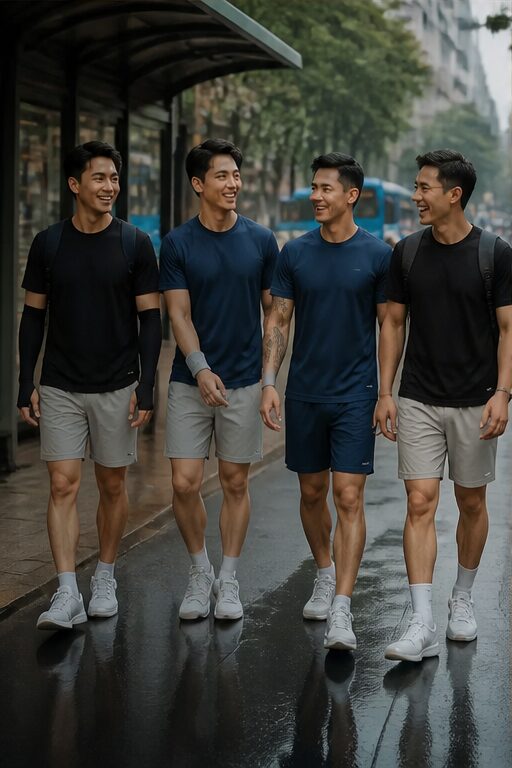 áo thun đen, quần short xám, tất trắng, giày trắng, vòng tay xám.