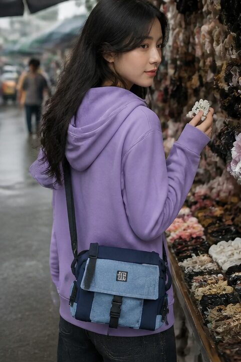túi đeo chéo màu xanh navy, xanh denim, có mũ, khóa kéo; áo hoodie tím, có mũ, khóa kéo