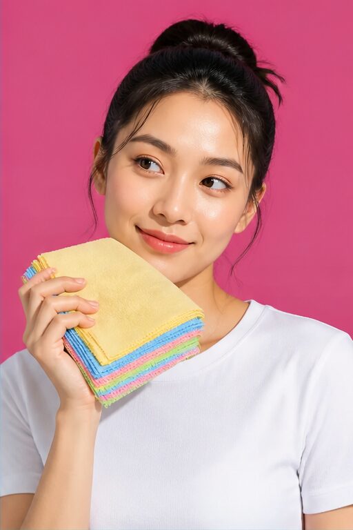khăn lau kính microfiber nhiều màu, mềm mại; áo thun trắng, cổ tròn.
