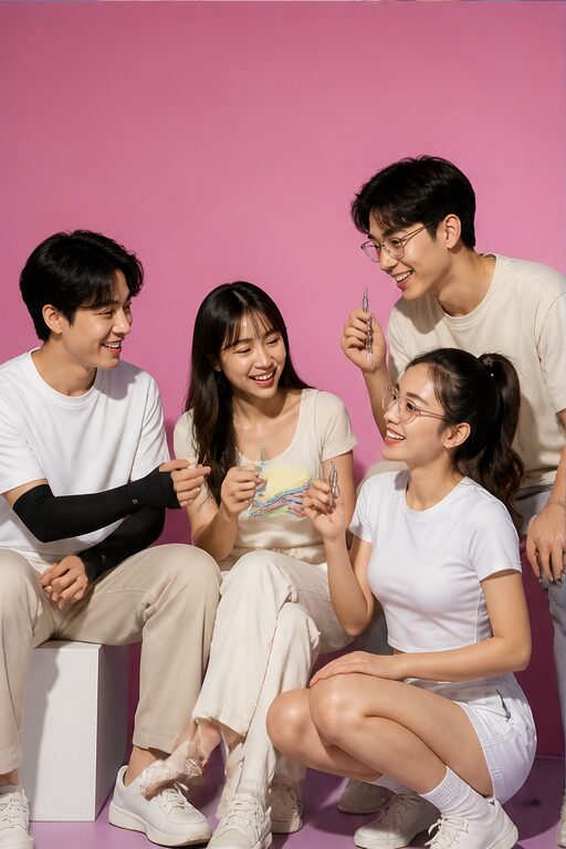 áo thun trắng ngắn tay, quần dài trắng, tay áo chống nắng đen.