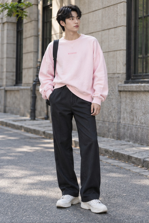 Một chàng trai mặc sweater hồng boxy cùng quần đen, phần gấu trước tạo đường ngang rõ.