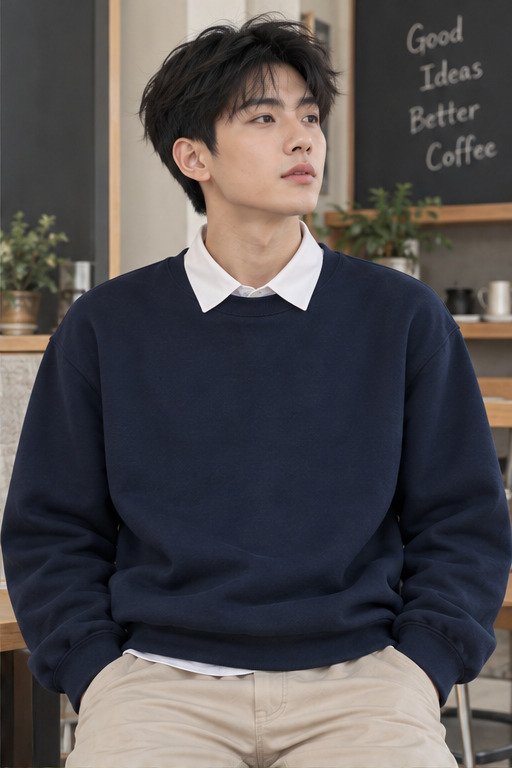 Một chàng trai phối sweater navy cổ tròn ngoài sơ mi trắng trong quán cà phê.