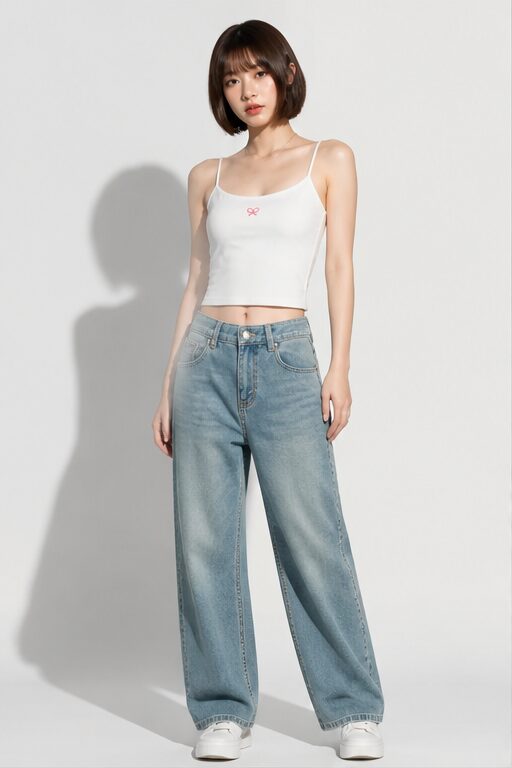 áo hai dây trắng, thêu nơ nhỏ, quần jeans xanh.