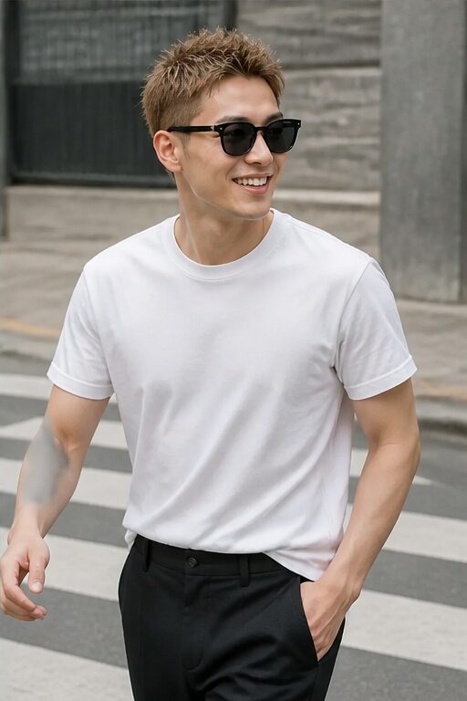áo thun trắng, chất liệu cotton, quần đen