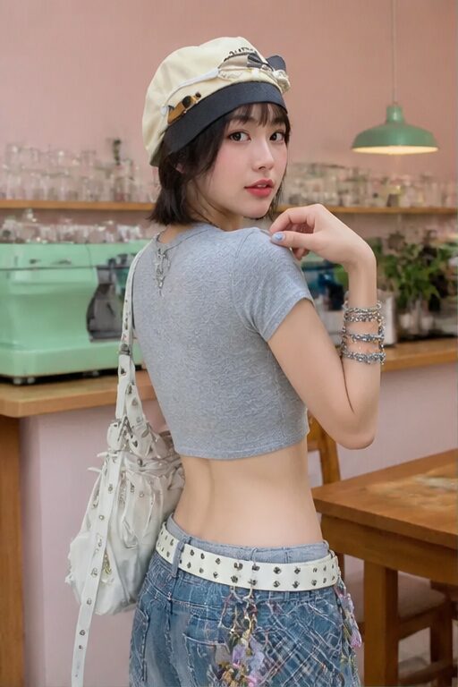 áo croptop xám, cotton, tay ngắn, cổ tròn, quần jeans, túi xách, mũ lưỡi trai.