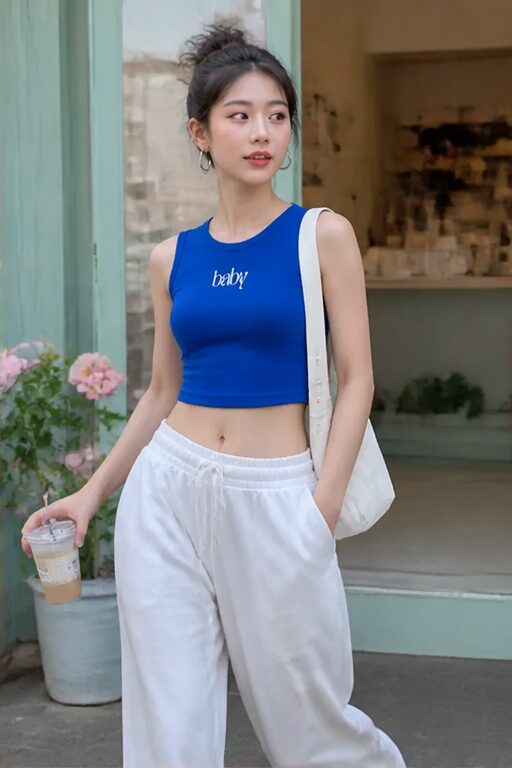 áo croptop xanh dương, cotton, không tay, chữ "baby", quần trắng ống rộng, túi xách.