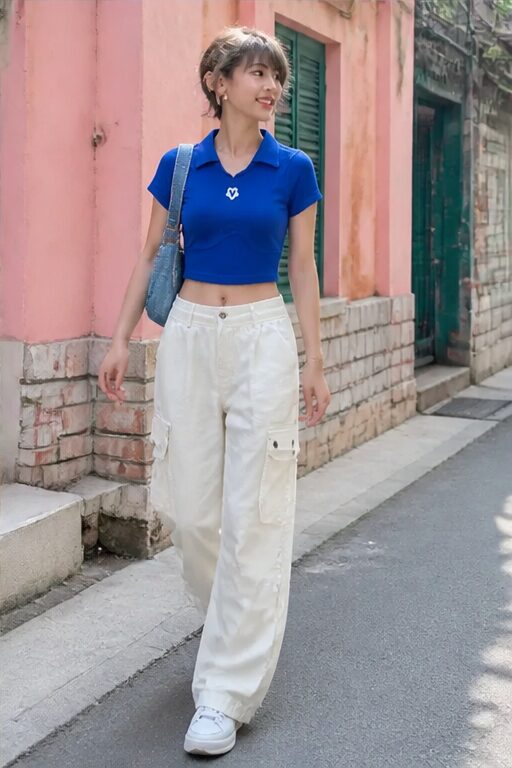 áo polo xanh dương, cotton, tay ngắn, cổ bẻ, quần túi hộp trắng, túi đeo chéo.