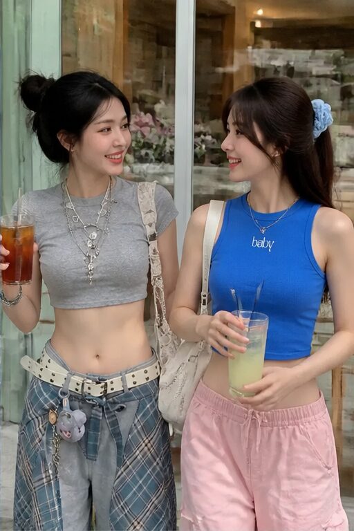 áo croptop xanh dương, cotton, không tay, chữ "baby"