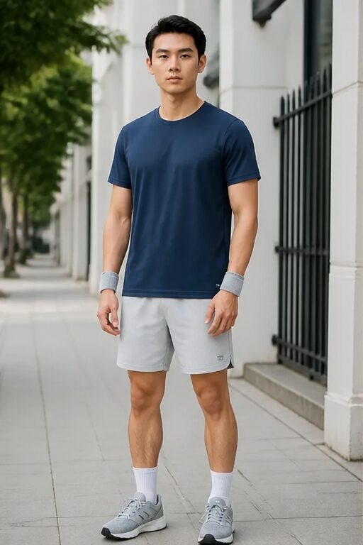 áo thun ngắn tay màu xanh navy, chất liệu cotton, quần short màu xám, chất liệu polyester