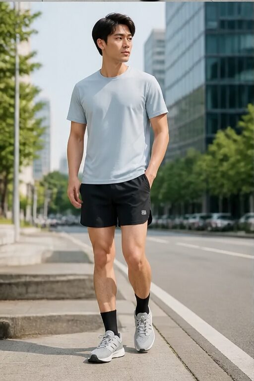 áo thun ngắn tay màu xanh nhạt, chất liệu polyester, quần short màu đen, chất liệu polyester