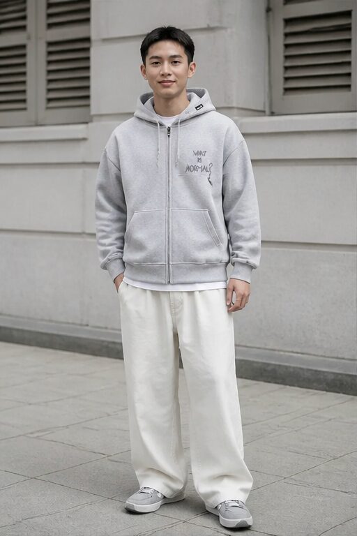 áo hoodie màu xám, chất liệu cotton, có mũ, khoá kéo, quần vải màu kem ống rộng.