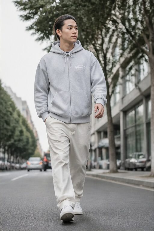 áo hoodie màu xám, chất liệu cotton, có mũ, khoá kéo, quần vải màu kem ống rộng.