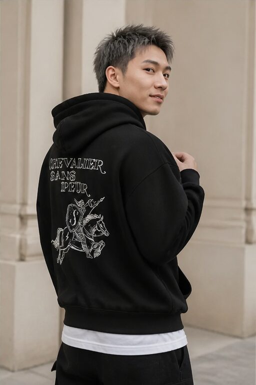 áo hoodie màu đen, chất liệu cotton, có mũ, in hình ngựa và hiệp sĩ phía sau.