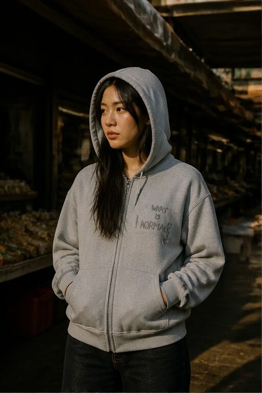 áo hoodie màu xám, chất liệu cotton, có mũ, khoá kéo, túi.