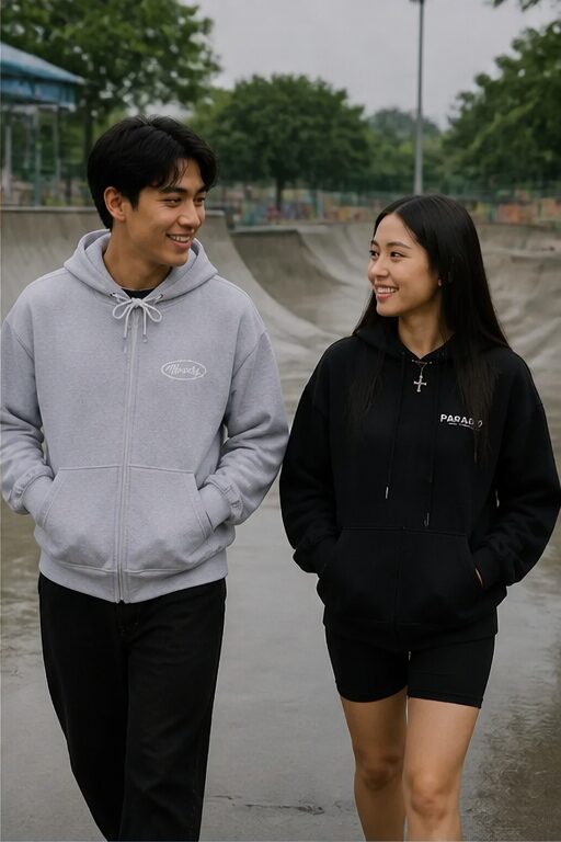 áo hoodie màu xám, chất liệu cotton, có mũ, khoá kéo.