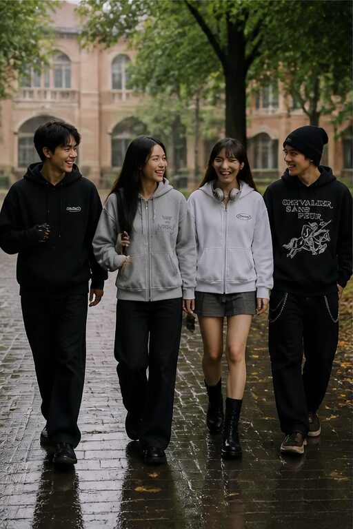 áo hoodie màu đen, chất liệu cotton, có mũ, khoá kéo, túi.