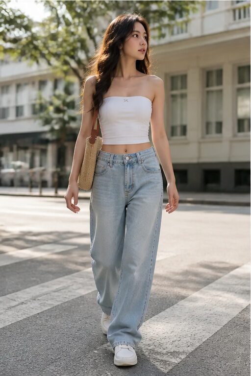 áo ống trắng, quần jean ống rộng xanh nhạt, túi cói.
