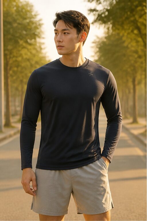 áo thun dài tay màu xanh navy, quần short xám, giày thể thao.