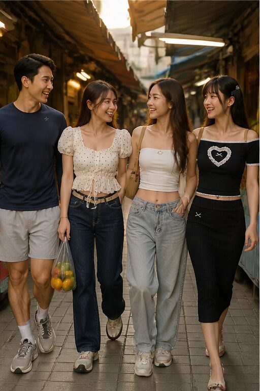áo thun xanh navy, quần short xám, áo croptop trắng chấm bi, quần jeans xanh, chân váy đen, túi xách.