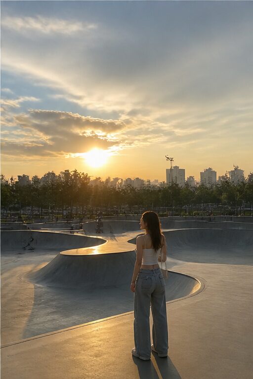 áo croptop trắng, quần jeans xám, giày thể thao.