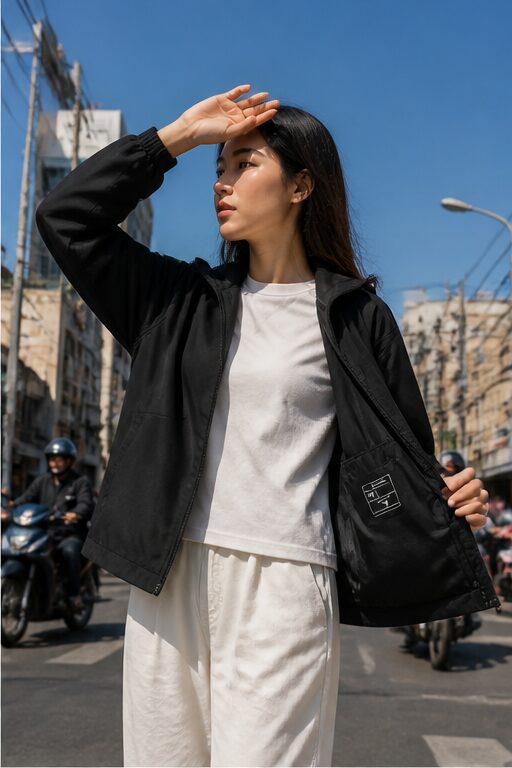 áo khoác gió nylon đen, có mũ, khoá kéo, túi trong.