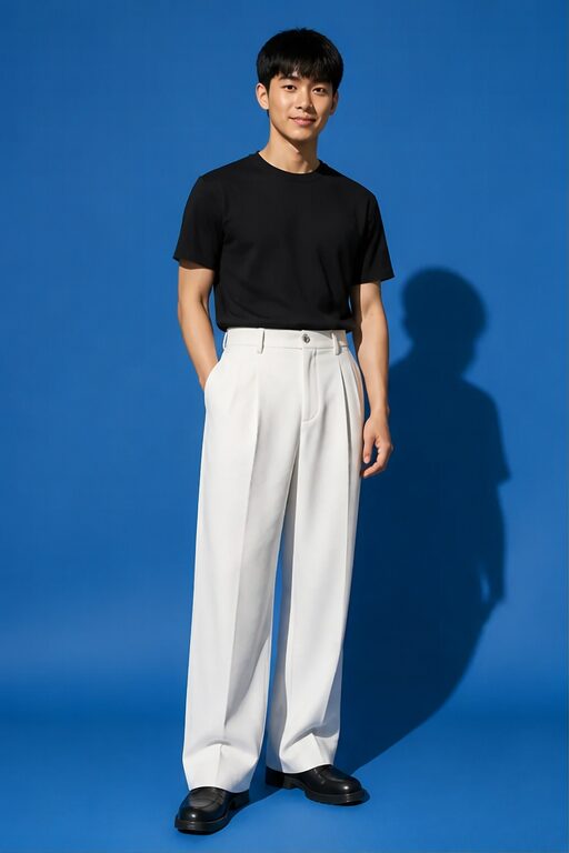 quần tây trắng, vải polyester, ống rộng, có túi, giày đen.