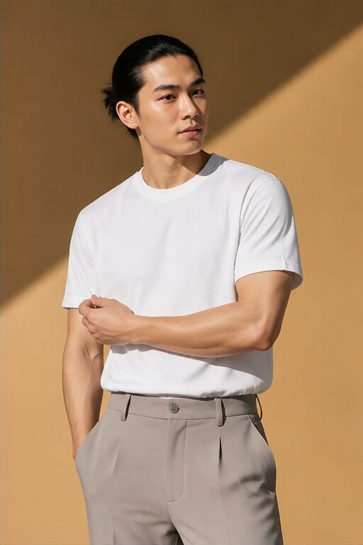 áo thun trắng, vải cotton, cổ tròn, tay ngắn, quần tây xám, vải polyester, ống rộng, có túi.