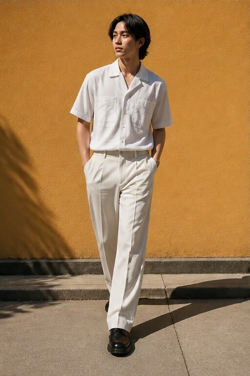 áo sơ mi trắng, vải linen, túi trước, tay ngắn, quần tây trắng, vải polyester, ống rộng, có túi.