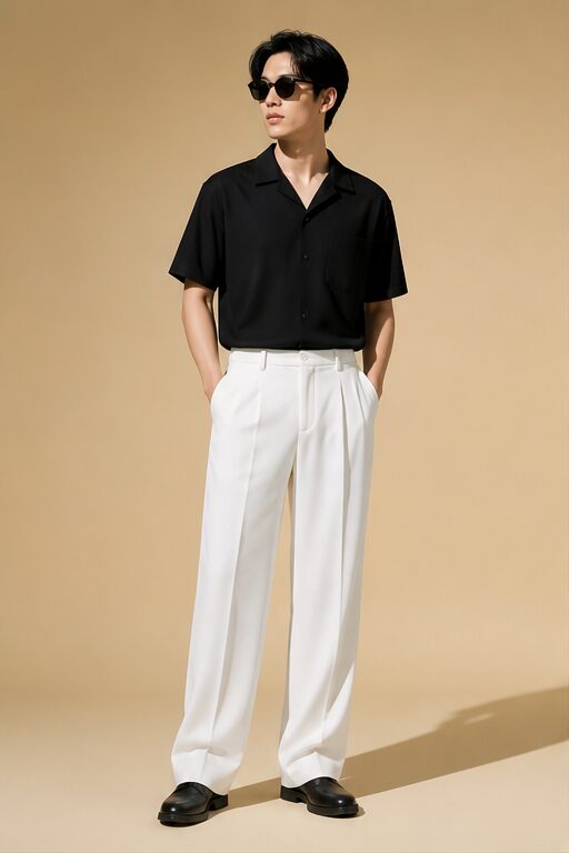 quần tây trắng, vải polyester, ống rộng, có túi, đi giày đen.