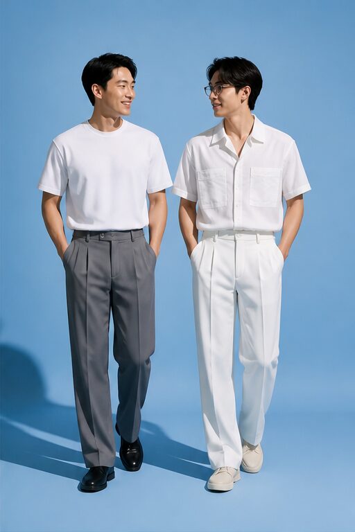 áo thun trắng, vải cotton, cổ tròn, tay ngắn, đi giày trắng.