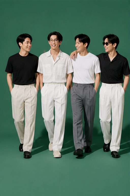 quần tây xám, vải polyester, ống rộng, có túi, đi giày đen.