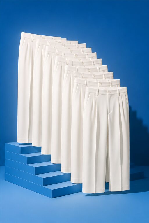quần tây trắng, vải polyester, ống rộng, có túi.
