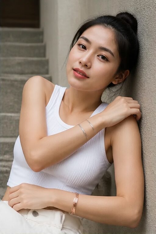 Vòng tay kim loại bạc và vàng hồng. Áo ba lỗ trắng, chất liệu cotton.