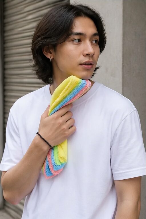 Khăn lau kính nhiều màu, vải mềm. Áo thun trắng, chất liệu cotton.