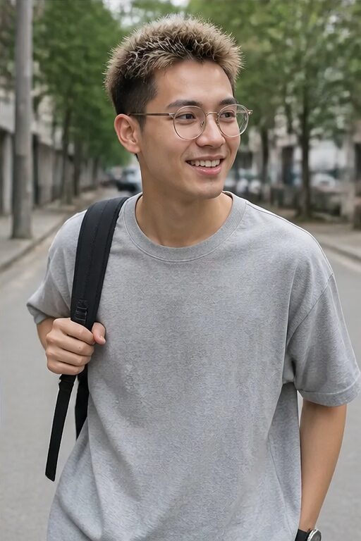 Kính gọng nhựa trong suốt, mắt tròn. Áo thun xám, chất liệu cotton. Ba lô đen.