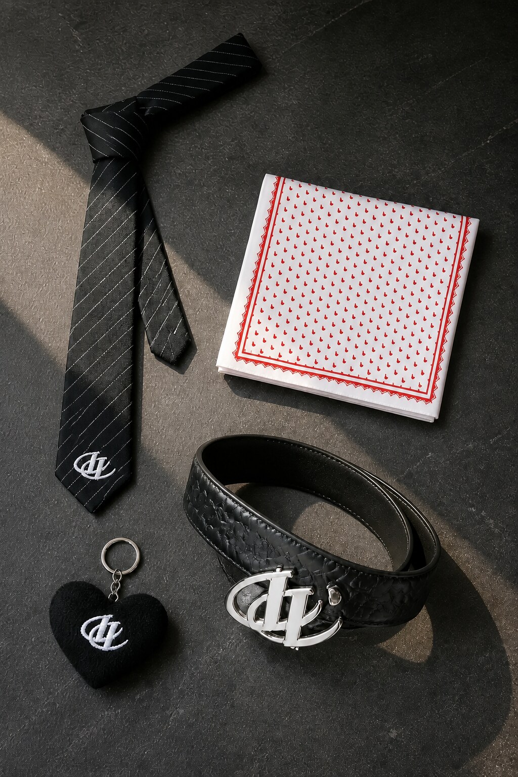 Cà vạt đen, khăn bandana đỏ trắng, dây nịt da đen và móc khóa trái tim trên nền đá tối.