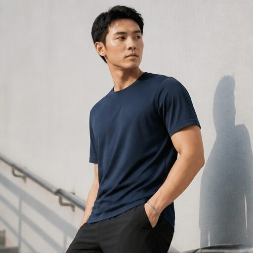 Áo thun polyester xanh navy, quần short polyester đen. — ảnh 1/4
