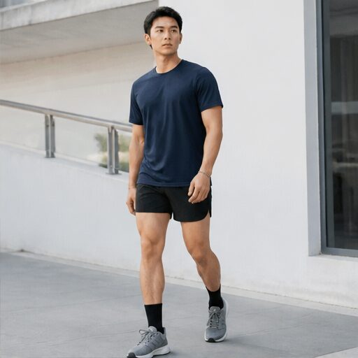 Áo thun polyester xanh navy, quần short polyester đen. — ảnh 2/4