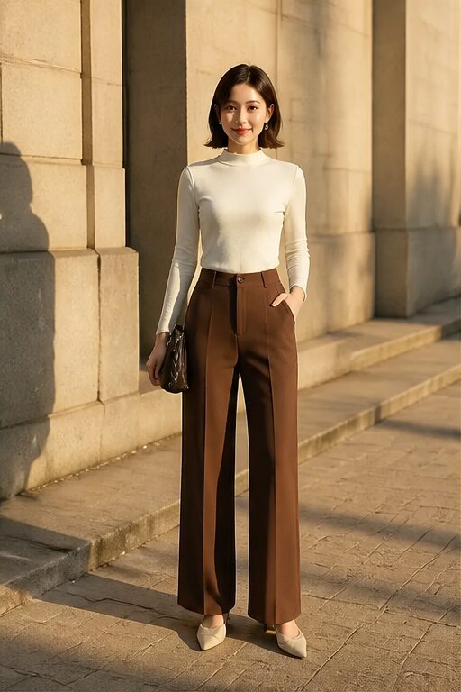 quần tây màu nâu, vải kaki, ống rộng, có túi.