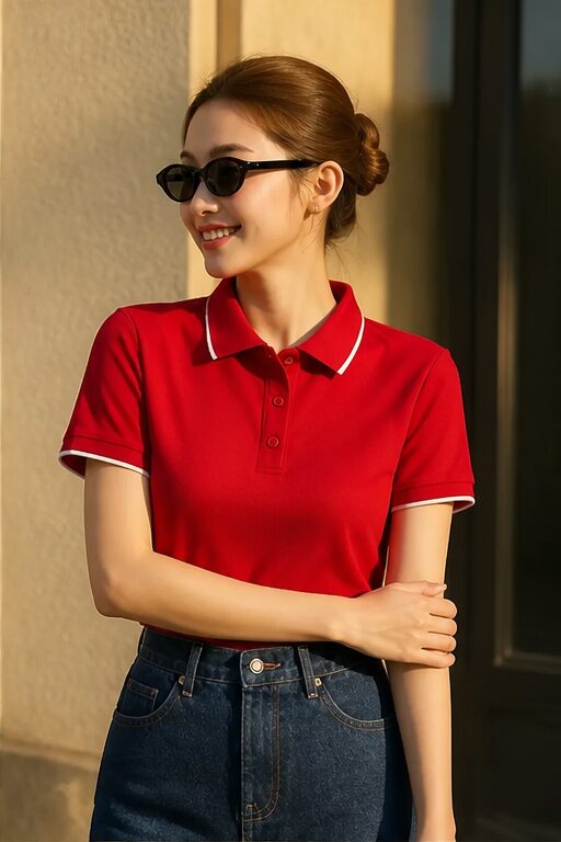 áo polo màu đỏ, vải cotton, cổ bẻ, tay ngắn.