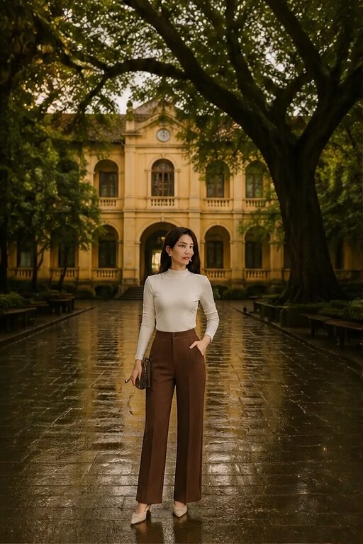 quần tây màu nâu, vải kaki, ống rộng, có túi.