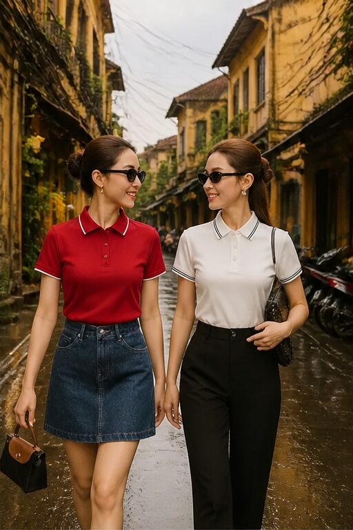 áo polo màu đỏ, vải cotton, cổ bẻ, tay ngắn.