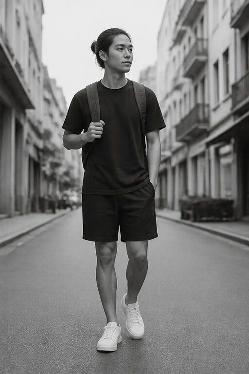 giày thể thao da trắng, dây buộc; áo thun đen, quần short đen, ba lô.
