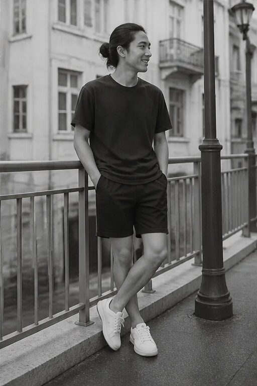 giày thể thao da trắng, dây buộc; áo thun đen, quần short đen.